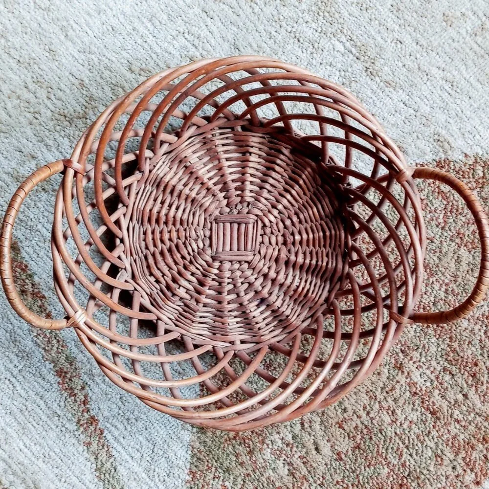 Vintage Boho Chic Wicker Rattan Bowl Basket Farmhouse Rustic Decor w/Handles